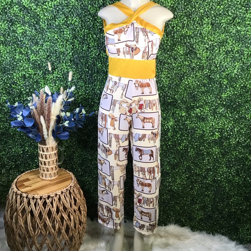 Handmade western horse print satin Yellow and White Jumpsuit nwt btq
